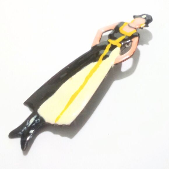 Vintage Enamel on Copper Woman Figural Brooch – Blue & Cream Dress Lady Retro - Picture 2 of 6